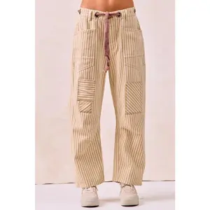 BiBi Drawstring Striped Twill Barrel Pants