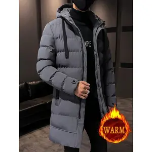 Men'S Casual Hooded Puffer Jacket, Polyester 100% Solid Color Long Length Coat, Non-Stretch Fabric, Regular Sleeve, with Filling, Zipper Placket, Pocket Detail, for Fall/Winter Warm Outerwear pocket jacket zipper jacket  Filler Collar Cotton Menswear