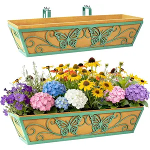 2 Pack 24 Inch Window Box Railing Planter with Adjustable Brackets for Porch Deck Balcony Hanging Butterfly Decorative Flower Baskets with Non-Woven Fabric Liner for Outdoor Plants - Green