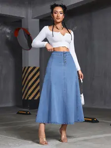 Women's Casual Stretch Mid Rise Long Denim Flowy Skirt with Pockets for All Day Comfort and Fashionable Hipster Streetwear Style