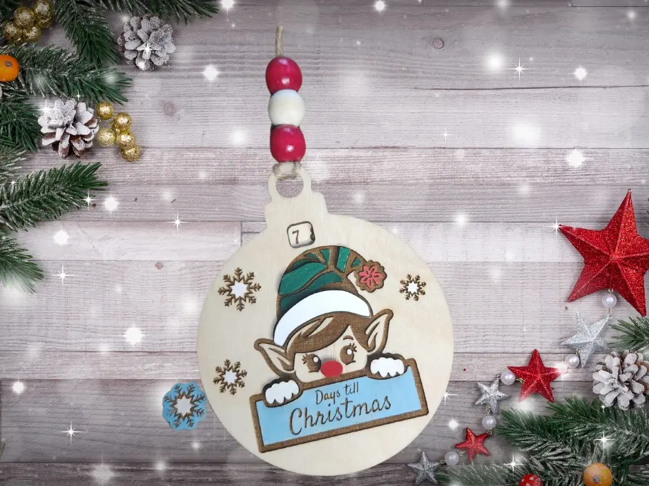 Christmas Countdown Elf Ornament - Birch Wood Rotating Dial with 25 Number Countdown christmas tree decoration Round Gifts Wooden