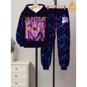 K-Pop Girl Devil Hunter Wool Set, Hoodie and Sports Pants, Autumn/Winter Casual, 3D Neon Print, Suitable for Warm Skin, Christmas GiftRAIMENTRY
