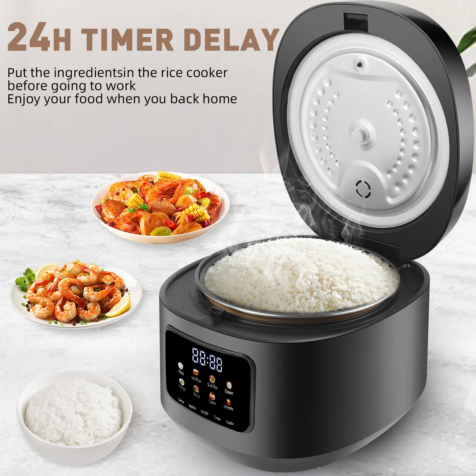 Programmable Rice Cooker, 101oz(3Qt) Smart Multicooker with LCD Display, Non-Stick Pot, 10 Cooking Modes (Rice/Soup/Cake), 24-Hour Delay Timer & Keep Warm, Fast Cooking, White