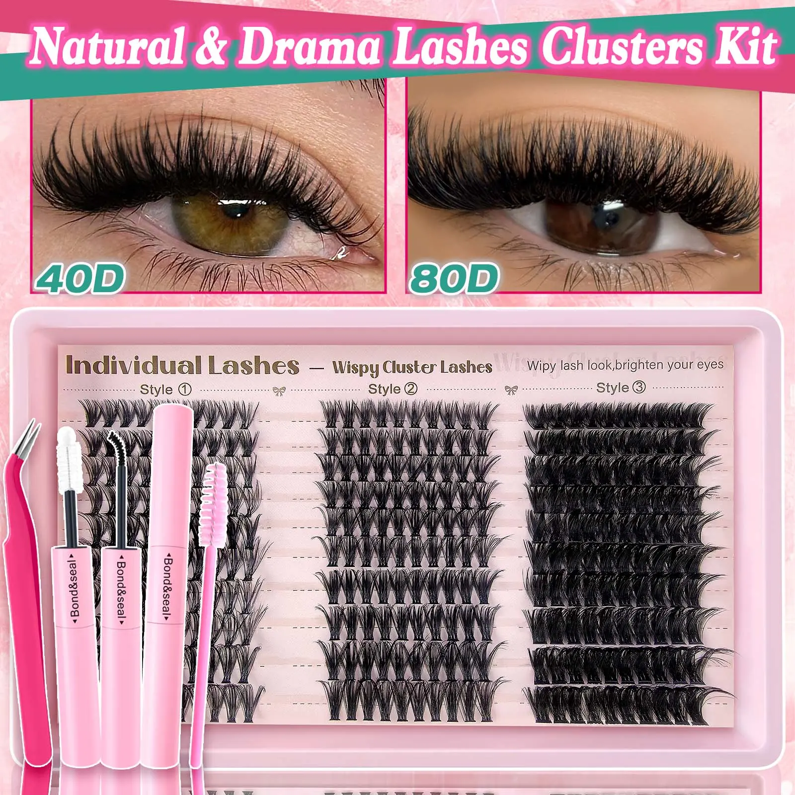 300PCS Wispy Natural Makeup Lash Extensions Kit with Waterproof Glue, Tweezer & Storage, 10-16MM Fox/Manga Eye Mixed C/D Curly Individual DIY Eyelashes Extensions with Wide Soft Thin Band, Cosmetic Accessory