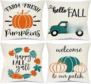 Fall Pillow Covers 18 x 18 Inches Fall Decorations Thanksgiving Autumn Theme Outdoor Pumpkin Patch Farmhouse Decorative Throw Pillowcase Linen Cushion Case for Home Decor Set of 4