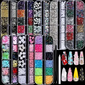 8 Boxes Nail Art Rhinestones Kit, Nail Gems and Charms Set, 3D Flatback Rhinestones for Nails, Colorful Clear Jewels, Y2K Nail Charms, Multi Shape Pearls for Crafts