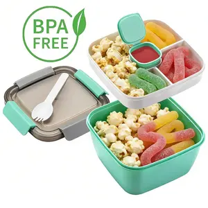 52oz Green To-Go Salad Lunch Bowl 3 Separate Compartments Built-in Dressing Holder Reusable Lightweight Portable Food Container for Lunch Snacks Toppings Meal Prep Office School Travel