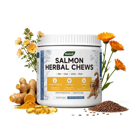 Kaiivo Salmon Oil Herbal Soft Chew Treats for Dogs - Skin & Coat Support, Feeding Supplement, 120 Count Bottle, 24 Months Shelf Life, Suitable for All Ages Dogs