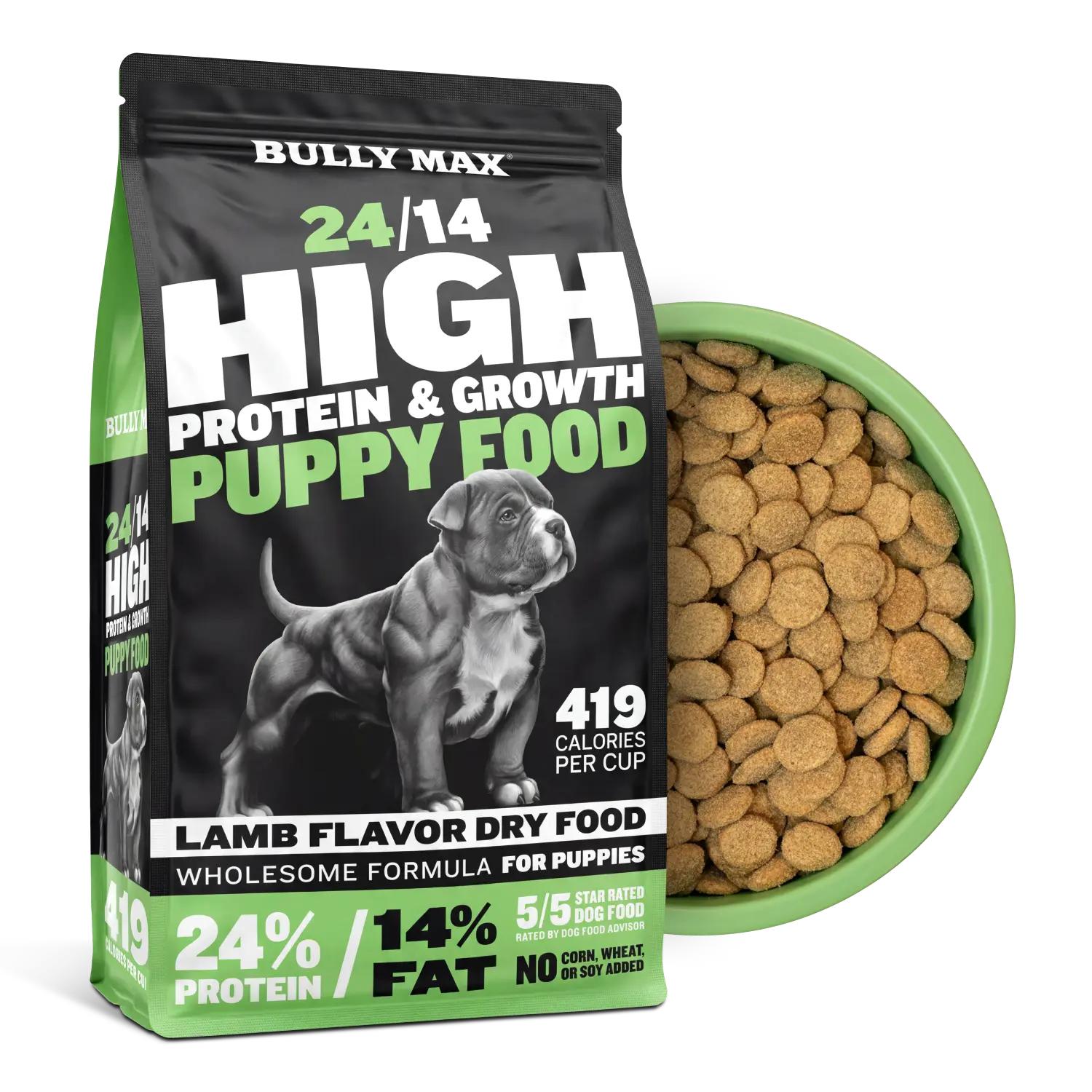 Bully Max 24/14 High Protein Growth Puppy Food (5 lbs.) - 390 Calories Per Cup, TruMune for Immune Support, With Canola Oil, Taurine, Potassium Chloride, Biotin, Tapioca, For All Dog Breeds