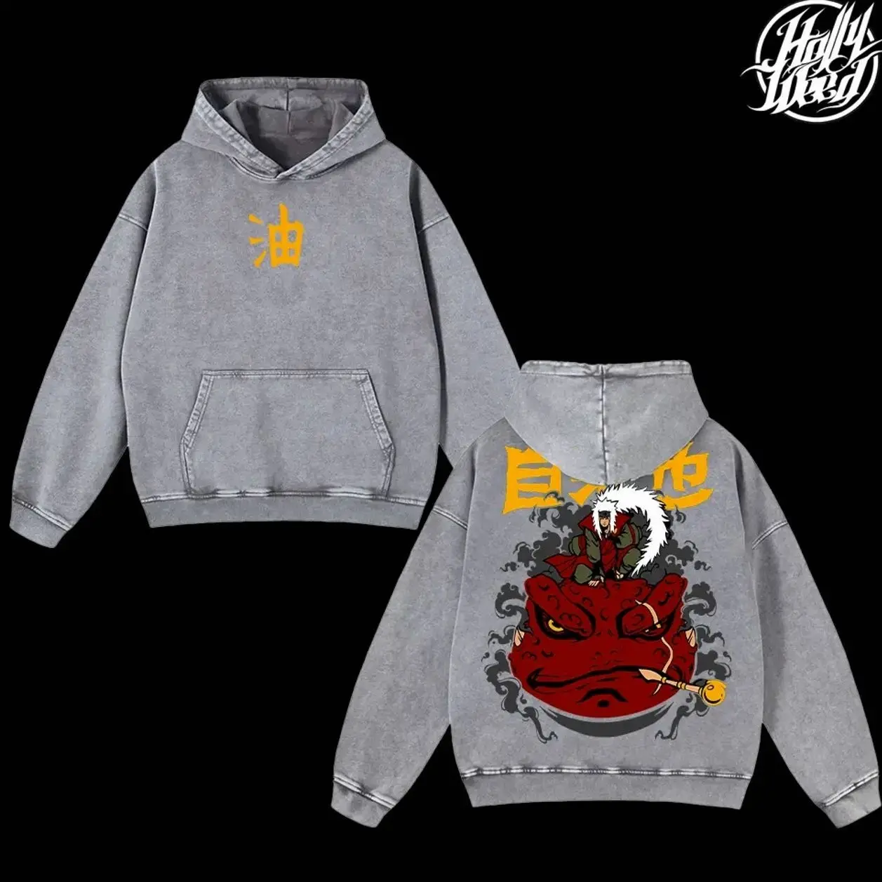 Jiraiya Toad Summon Naruto Anime Double Printed Vintage Washed Hoodie Unisex Oversize Heavyweight Cotton Manga Graphic Crewneck Soft Tops Natural Shade Gift 3AG