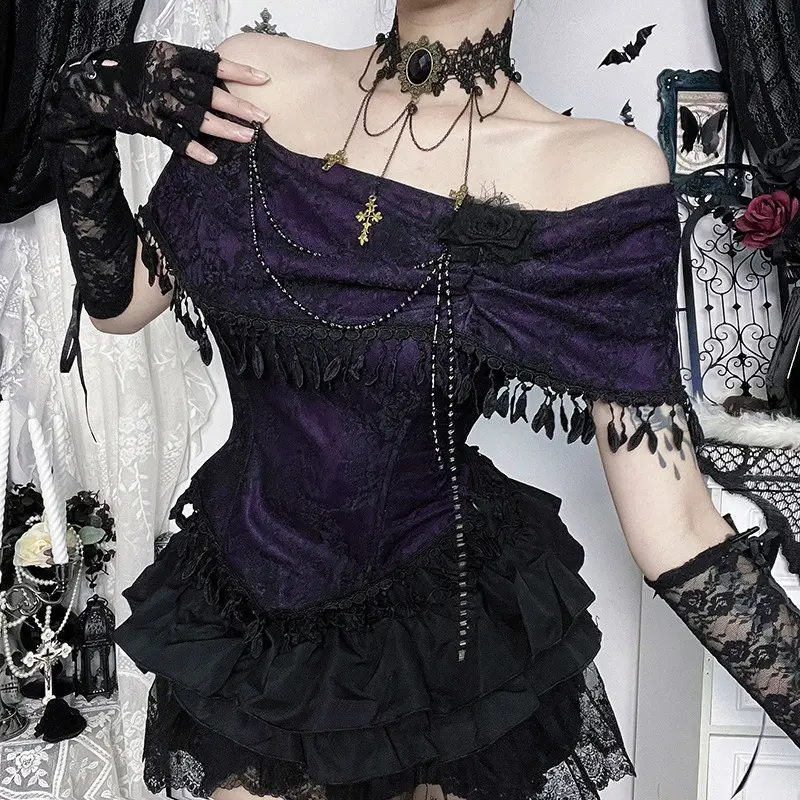 Women's Dark Purple Lace Off-Shoulder Corset Top - Tassel Fringe, Bead Chain Decor, 3D Rose Detail, Slim Hourglass Waist, Gothic Y2K Aesthetic Party Club Bustier Costume Top
