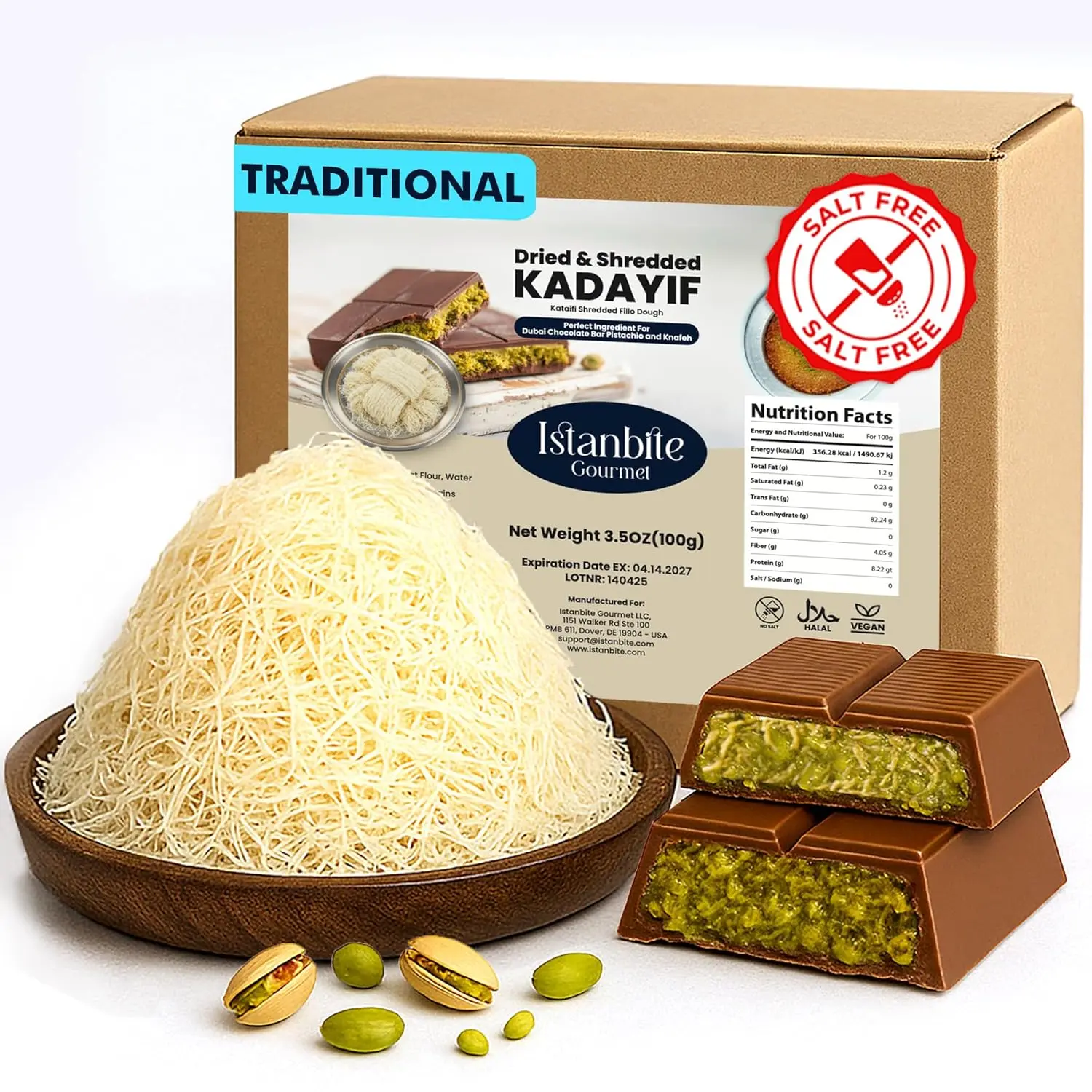 Kataifi Shredded Fillo Dough 3.5 Oz for The Viral Dubai Chocolate Bar Pistachio Filling, Kadayif Phyllo Dough for Pastry, Ingredient for Knafeh, Kunafa, Kanafeh, Salt-Free