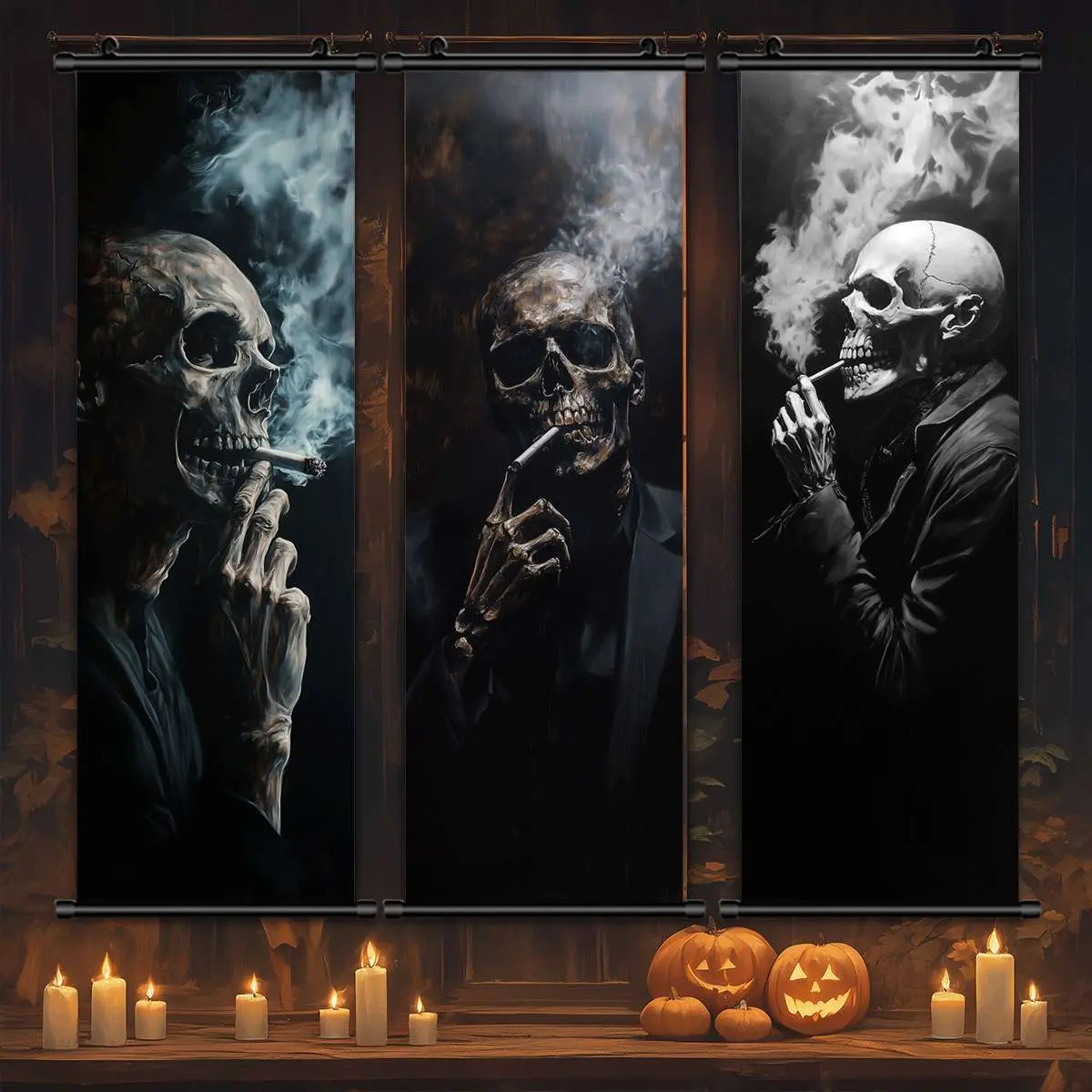 3 Counts Halloween Hanging Banner, Wall Decor Banner, Smoking Skull Triptych, Halloween Mural And Decorative Posters, Horror Themes, Home Decor, Artwork, High Definition, Waterproof, Ideal Gifts, Party Decorations Banners