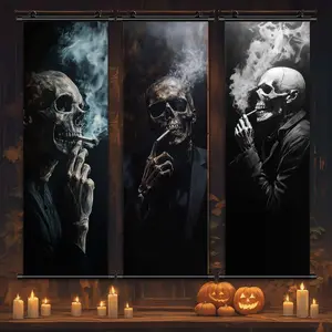 3 Counts Halloween Hanging Banner, Smoking Skull Triptych, Halloween Mural And Decorative Posters, Fun Party Decorations, Horror Themes, Living Room, Bedroom, Home Posters, Artwork, High Definition, Waterproof, Ideal Gifts