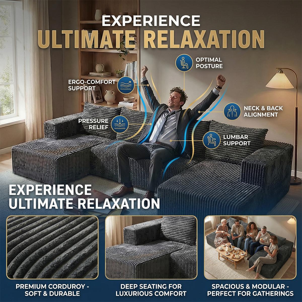 Oversized U-shaped boneless sofa with modular design for free combination, providing a deep sense of coverage and comfortable cloud corduroy fabric; Modern minimalism, no need for assembly; Suitable for living rooms, bedrooms, and other occasions