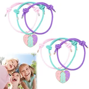 Heart-shaped Bracelet Set of Three Adjustable Braided Cord in Pink Teal Purple Lightweight Friendship Gift for Best Friend Anniversary Holiday Birthday