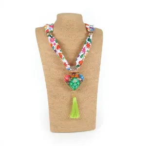 Oaxacan Alebrije Wood Carving Heart & Flowers Necklace