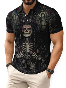 Men's Polo Shirt, featuring the image of Mexico's Day of the Dead (skull makeup), incorporating Gothic stained glass style icon patterns and luxurious black background patterns, combining Day of the Dead culture with Western religious art styles