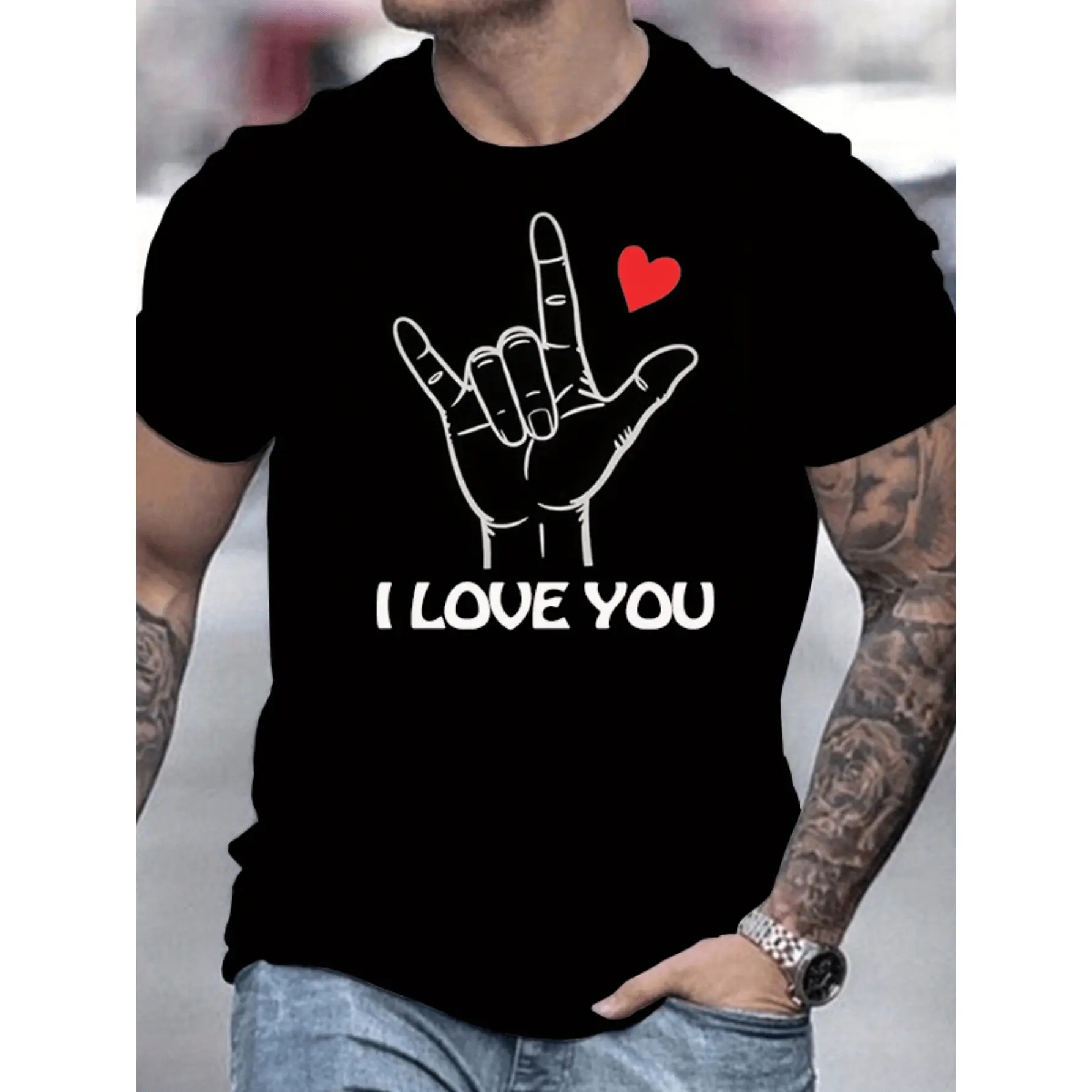 Men's Casual TShirt Featuring I Love You Hand Gesture Slogan Short Sleeve Polyester Crew Neck Top