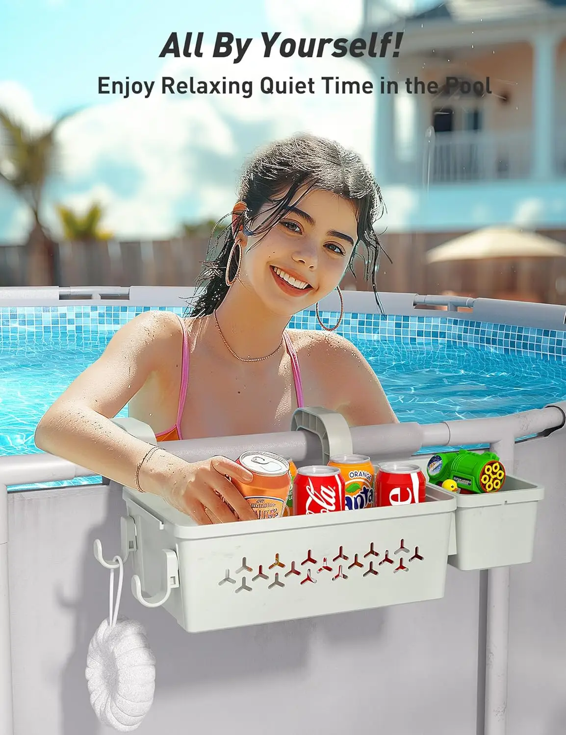 Poolside Storeage Basket - Pool accessories - Storeage Box - 2 Packs - Poolside Cup Holder and Hooks - Gray - Above Ground Pool Accessories, for Most