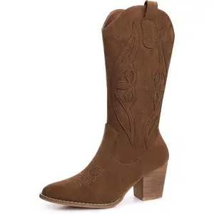 Cowboy Boots for Women 2025: Mid Calf Cowgirl Boots Western Embroidered Country High Heel Pointed Toe Booties