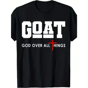 GOAT Graphic T-Shirt- Black Crew Neck Shirt with White Text and Red Cross Design| "God Is the Master of All" Statement Edition| The Perfect Combination of Everyday Casual and Religious Inspiration| Unique Gift Choice for Faith and Sports Enthusiasts summe