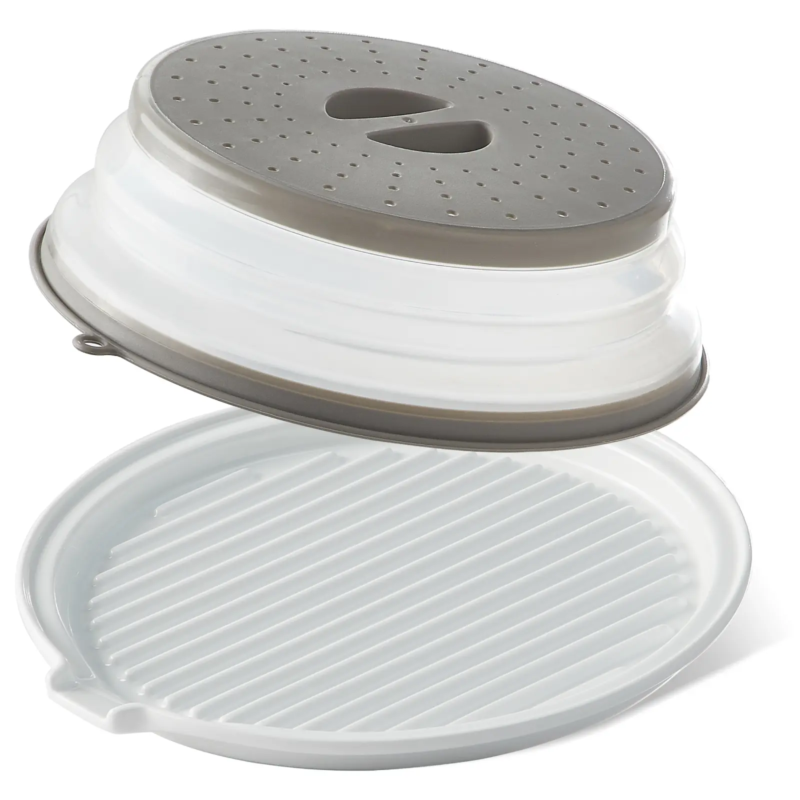 ONEMORE Microwave Bacon Tray with Lid Ceramic Bacon Cooker Meat Rack for Oven Cooking Crispy Bacon Maker with Cover - 11 inch Round Bacon Dish Plate, White