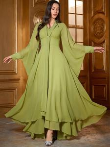 women's plain tiered layer hem button flounce sleeve dress, elegant plicated v neck long sleeve a line maxi dress for spring & fall, women's clothing for party & banquet, elegant and classy formal dresses, women's clothing