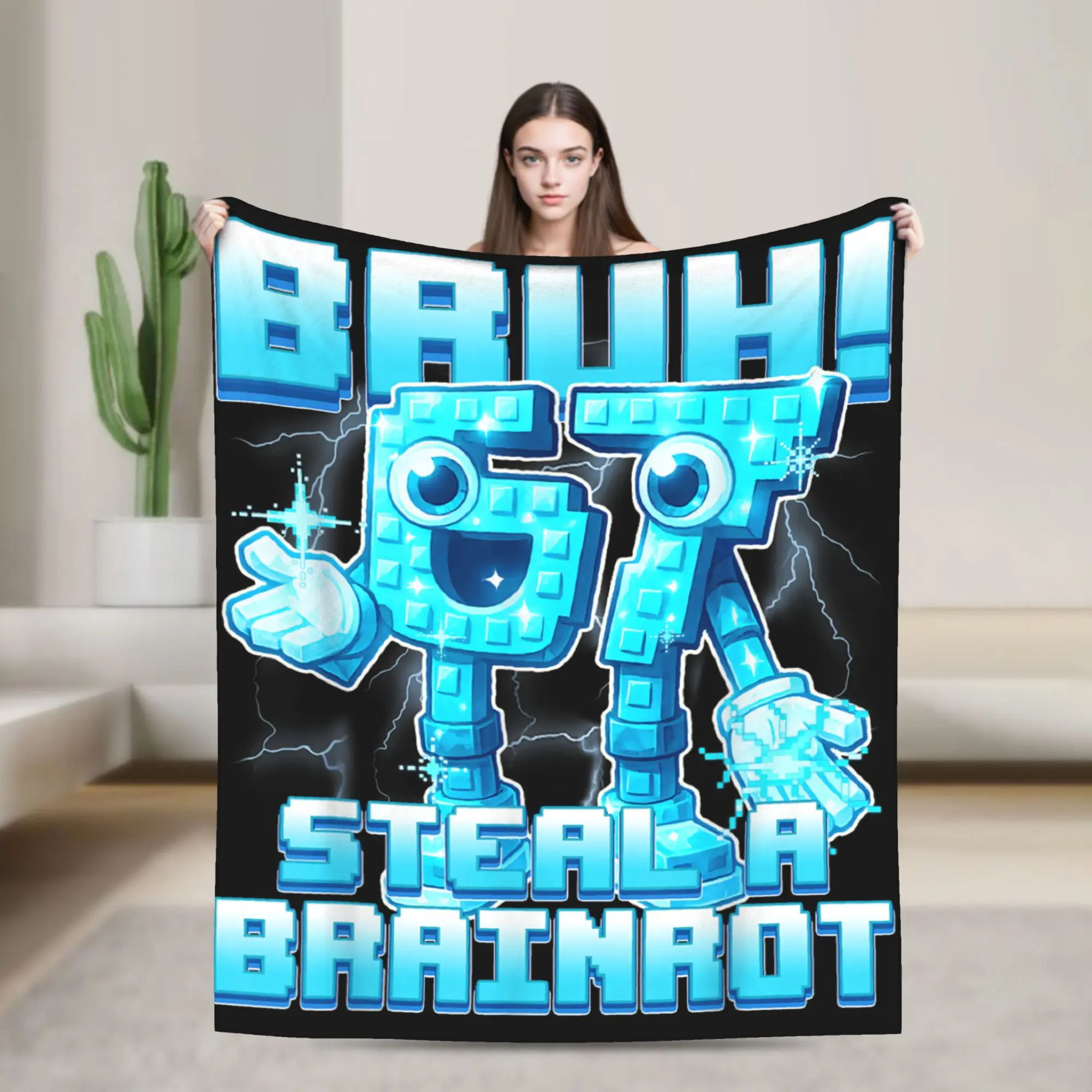 67-Number Funny Brainrot Meme Slogan Print Soft Fluffy Flannel Blanket - Plush Texture, Contemporary Look, for Bedroom, Sofa Bed Cover, Slogan Print Blanket