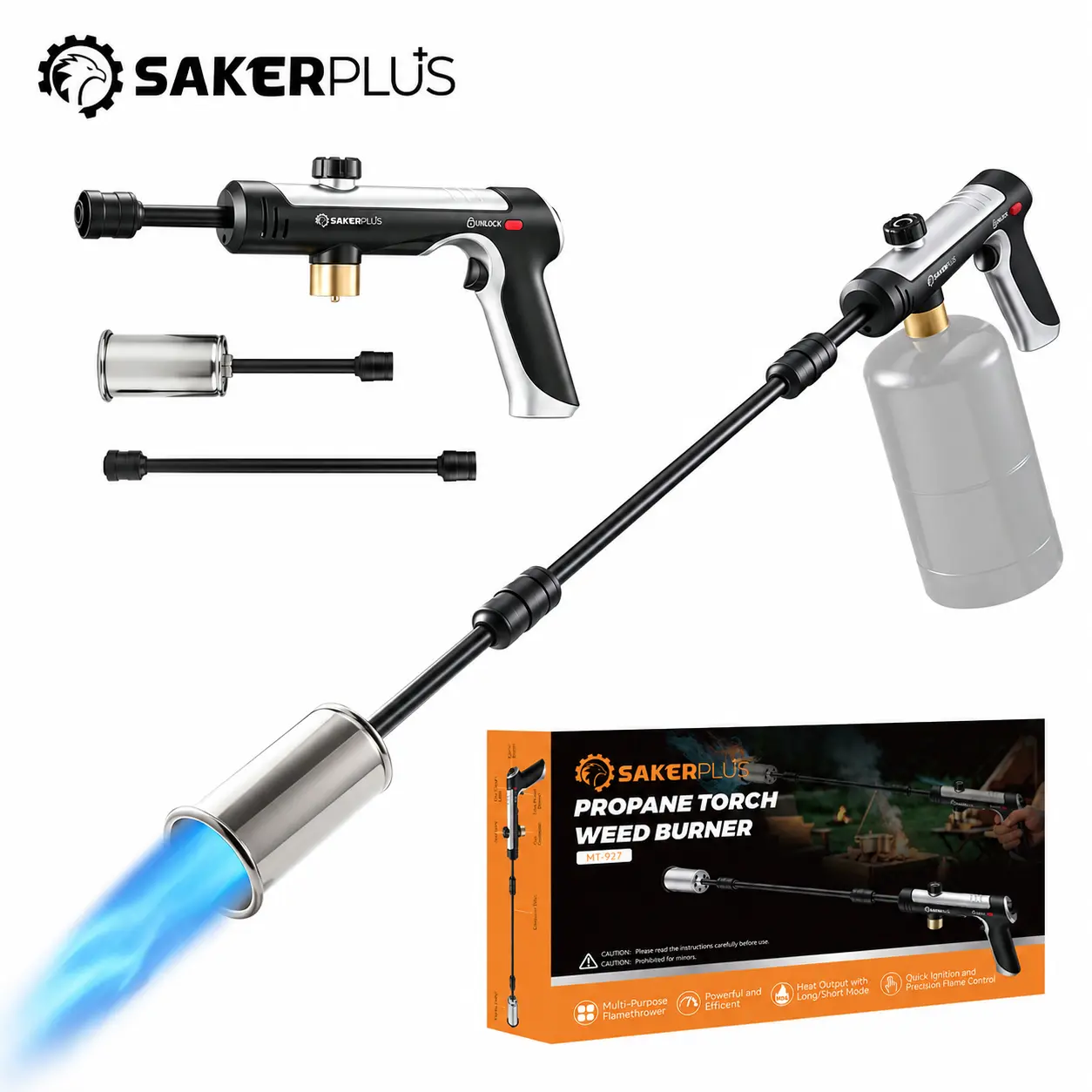 Sakerplus 2-IN-1 Propane Weed Burner Torch - 45,000 BTU Heavy-Duty Torch with Detachable Extension Tube, Adjustable 1800°C Flame, Built-In Igniter, Safety Lock for Weed Control, Charcoal Starting (Tank Not Included)