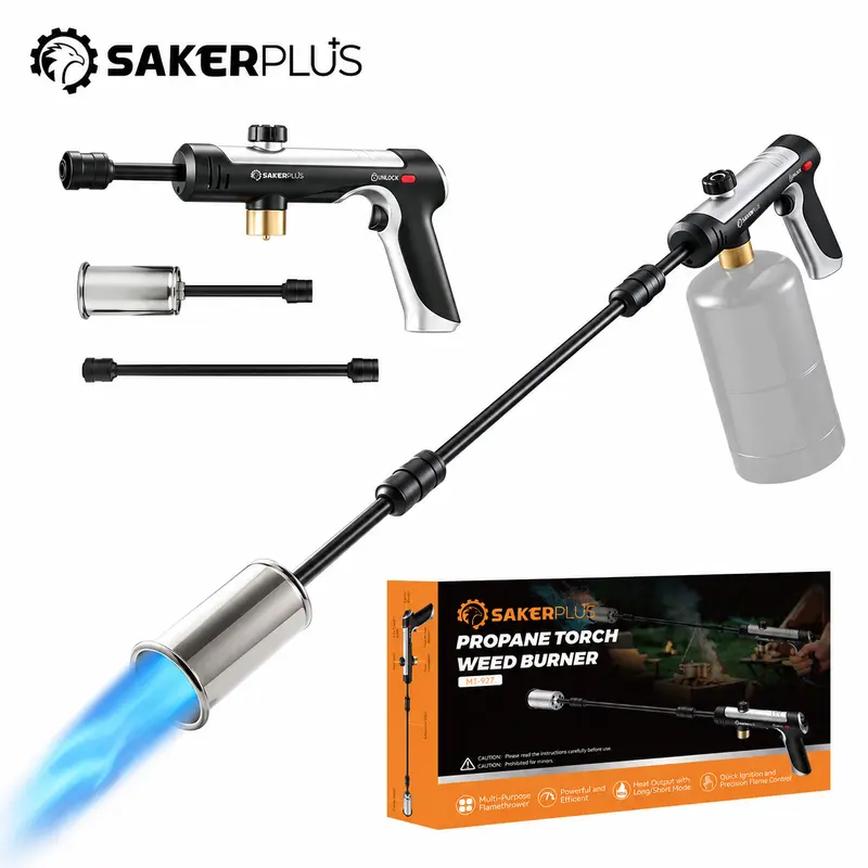 Sakerplus 2-IN-1 Propane Weed Burner Torch - 45,000 BTU Heavy-Duty Torch with Detachable Extension Tube, Adjustable 1800°C Flame, Built-In Igniter, Safety Lock for Weed Control, Charcoal Starting (Tank Not Included)