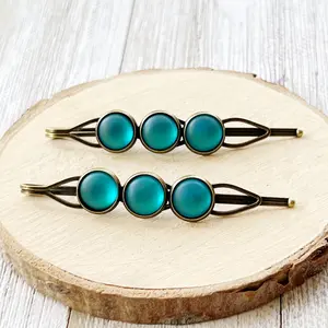 Satin Blue Rhinestone Hair Pins with Round Beads and Metallic Finish