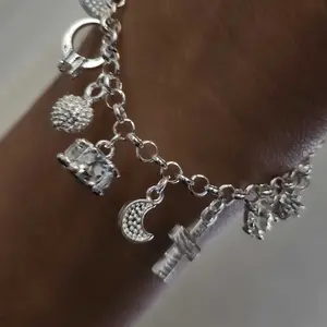 1pc Elegant 925 Sterling Silvery Heart Key Pendant Bracelet,Women's Bracelet,13 Small Pendants,Bohemian Style,Shiny and Exquisite Silvery,Women's Fashion Jewelry Accessories, Suitable for Wife Girlfriend,Fashion Gift,Birthday Gift   bangle Statement Piece