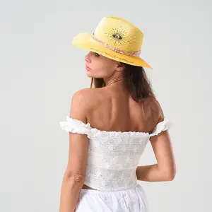Men's High-Definition Devil Eye Pattern Panama Hat, Handwoven Straw Sun Protection Cap, Casual Summer Accessory for Men & Women