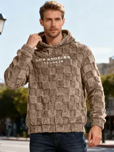 Men's solid color plaid Long Sleeve Fitted hoodie with letters on the front side, plush texture fabric is soft and warm, suitable for wearing in autumn and winter seasons casual outdoor activities, home and other scenarios, Sweatshirts