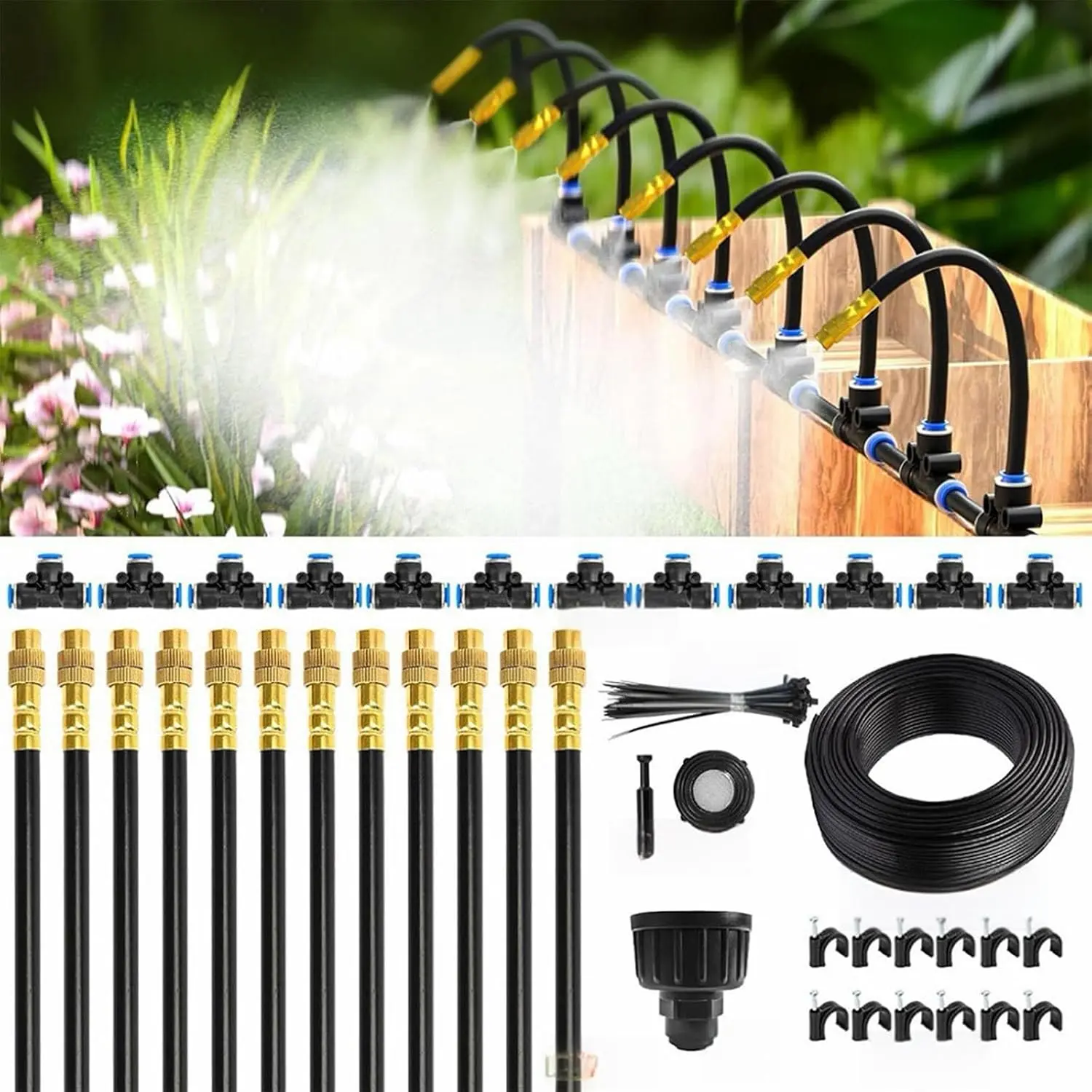 360° Curved Misting Sprinkler Kit 12 Adjustable Copper Nozzles Automatic Atomizing Watering System for Lawn Outdoor Irrigation