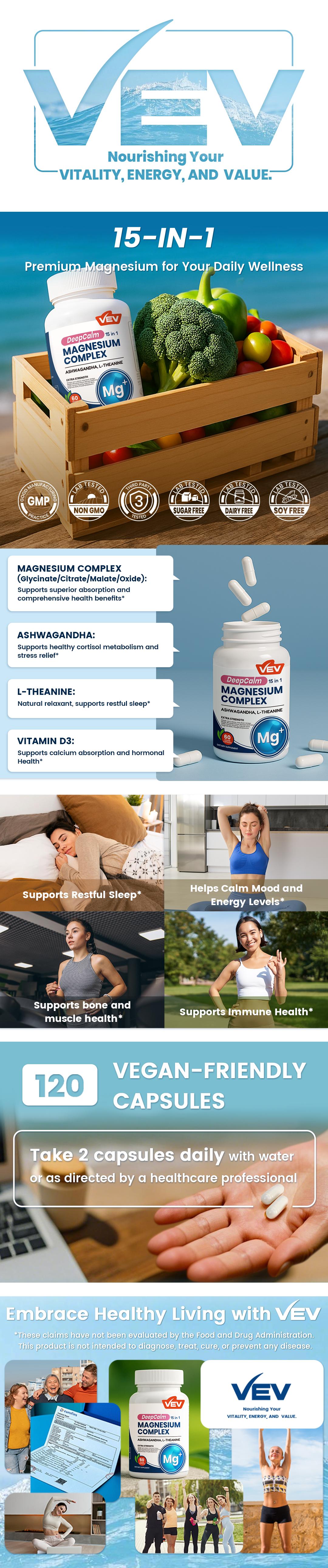 VEV 15 in 1 Magnesium Citrate & Glycinate Complex Capsules, Cortisol Support with Ashwagandha & L-Theanine, Edible Minerals Natural Dietary, 120 Vegan Capsules
