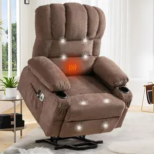 Power Lift Recliner Chair with Heating & Massage: Modern Style Linen Upholstered Frame for Elderly & Seniors - Home Living Room Bedroom Reclining Assist Chair with Remote Control & Storage（Brown）