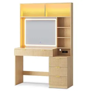 Sikaic Fluted Makeup Vanity with Sync Music LED Lights and Glass Top Mid-Century Modern Wooden Vanity Desk with Mirror, Power Outlet, Glass Cabinet, 4 Shelves and 5 Drawers