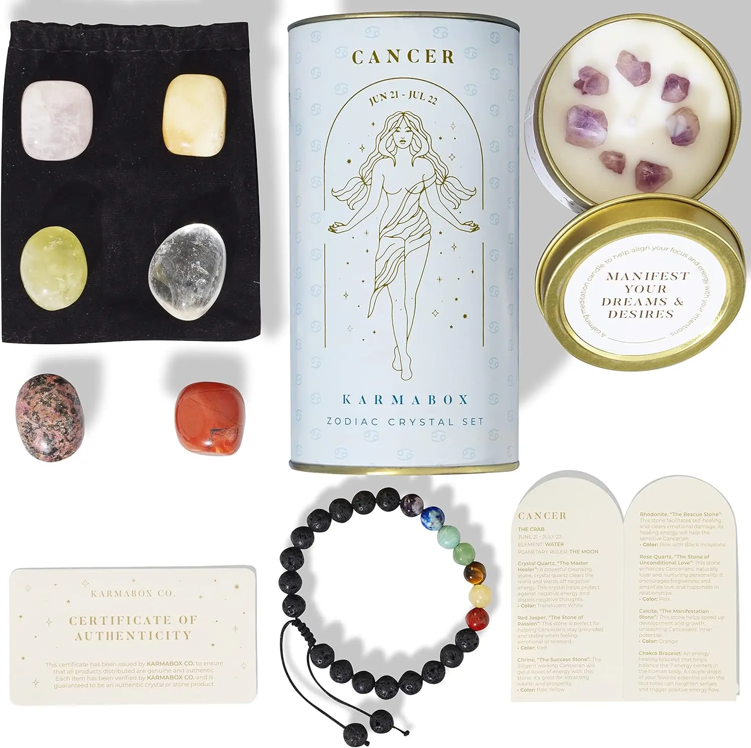 CANCER Zodiac Crystal Set - Healing Stones & Tumbled Crystals Gift Box - Astrology Gifts for Women, Spiritual Birthday Gifts, Horoscope Manifestation Kit with Healing Bracelet, Stones for Meditation, Wellness & Energy Balancing, Unique Celestial