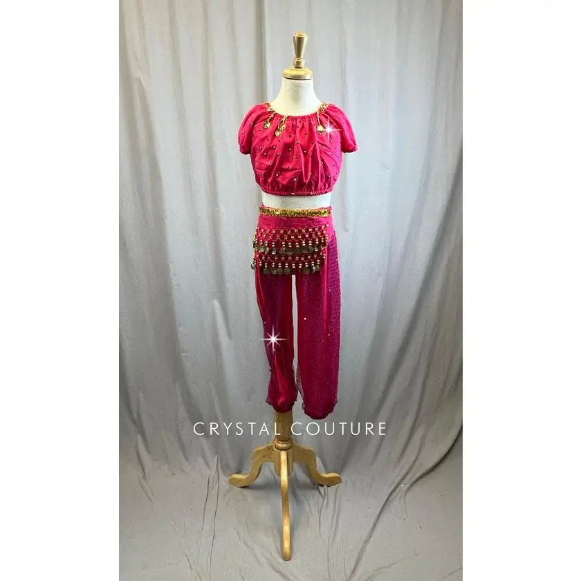 Fuchsia Genie Costume with Coin Belly Dance Hip Scarf -Rhinestones and Accessories