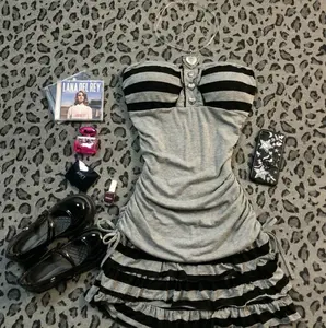 Retro Indie Striped Tube Dress | Gothic Coquette Ruched Mini Dress | Sexy Slim Fit Off-Shoulder Ruffle Hem Party Dress | 2026 Spring/Summer Alternative Aesthetic