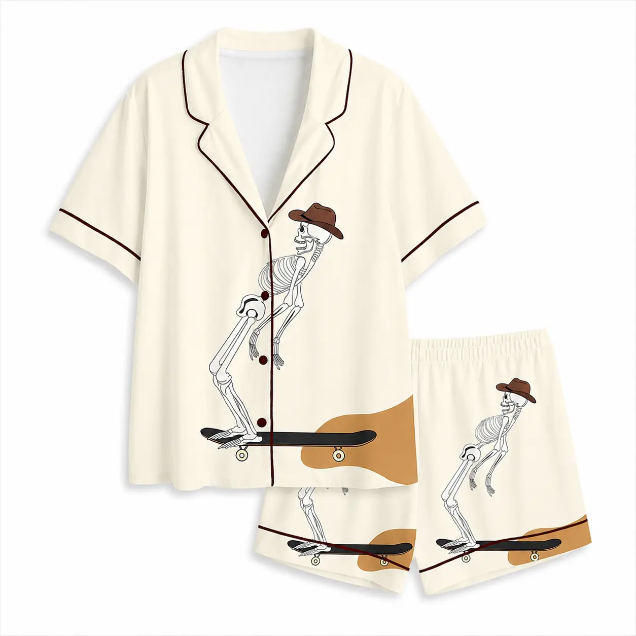 Women’s Skeleton Cowboy Halloween Pajama Set, Western Skateboard Satin Sleepwear