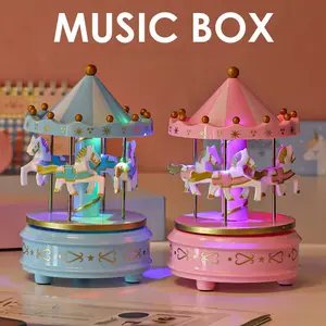 Rotating Carousel Music Box with 3 Horses, LED Light, Plastic Material, Magical Home Decorative Gift for Birthday Christmas New Year Party