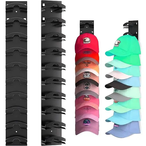 Black - 2 Pack Compact Plastic Baseball Cap Organizer for Hat Collectors, Renters with Limited Closet Space, Wall-Mountable, Holds Up to 20 Hats, Space-Saving, Strong Adhesive or Screw Mount Options for Closet/Door