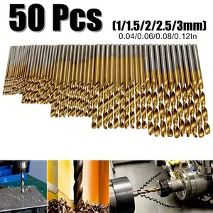A set of 50 titanium coated HSS drill bits - HSS metal drilling tools available in a variety of sizes for flexible use without power
