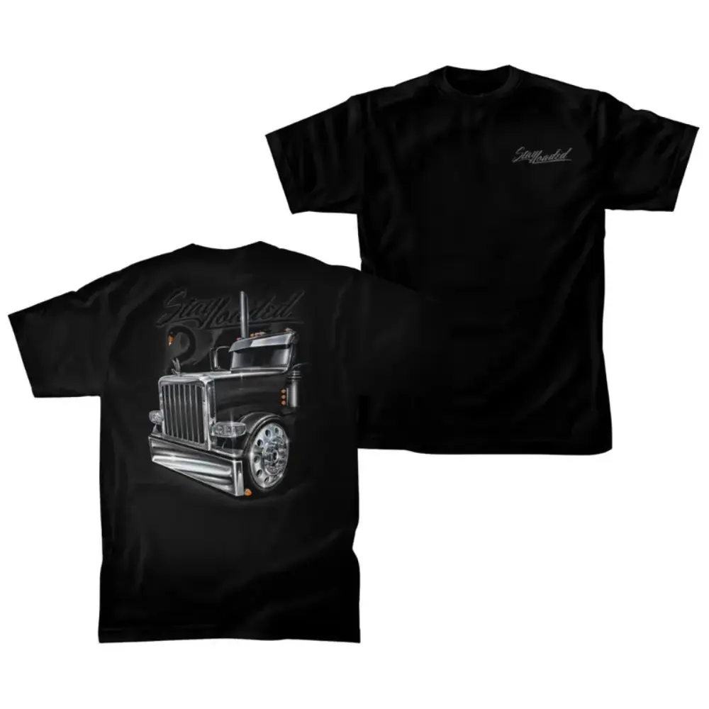 Stay Loaded Rig T-Shirt, Black Semi Truck Front View Graphic, Stay Loaded Apparel Work Shirt, For Diesel Truck Drivers & Big Rig Enthusiasts, Gift for Trucker Lifestyle Fans