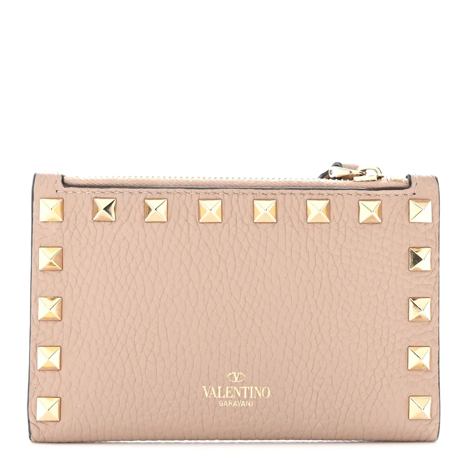Pre-owned Grainy Calfskin Leather Small Leather Goods VALENTINO GARAVANI Grainy Calfskin Rockstud Coin Purse Card Holder Poudre