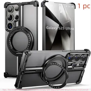 High-End Hollow Out Frameless Alloy Phone Case for Samsung Galaxy S25 Ultra/s24 Ultra/s23 Ultra/s24 Plus, Wireless Charging, 360° Rotating Stand, Anti-Slip Anti-Drop
