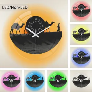 LED Wall Clock with Colorful Lighting, Round Vinyl Style Design, Transparent Glass Material, Desert Silhouette, 25-35cm Size, No Battery Included